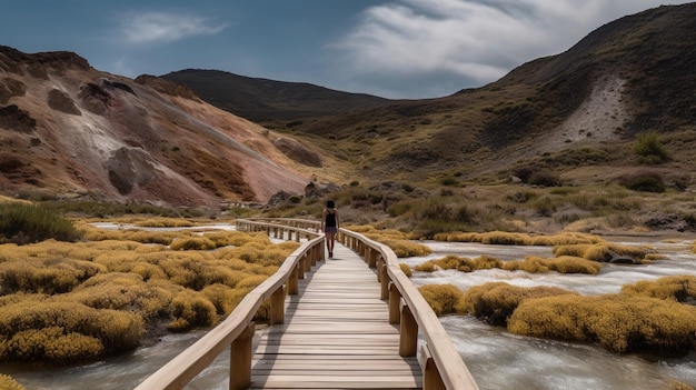 Kobieta przechodzi przez most nad rzeką na pustyni Atakama.