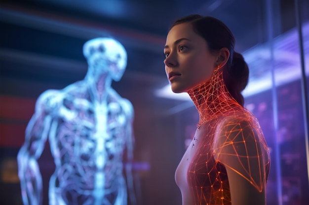 Kobieta przed holograficznym obrazem 3D człowieka AI wyświetlanym w środku laboratorium technicznego