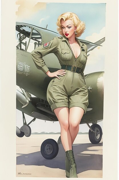 Zdjęcie kobieta przed samolotem bojowym ai generated