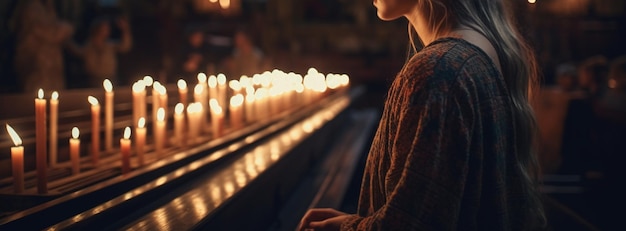 Zdjęcie kobieta przed świeczkami przy kościelnym generative ai