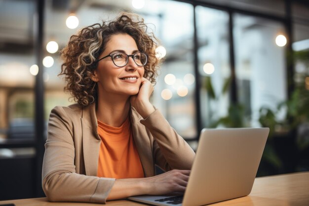 Kobieta-przedsiębiorca zdobywa nowe pomysły pracując na laptopie Generative AI