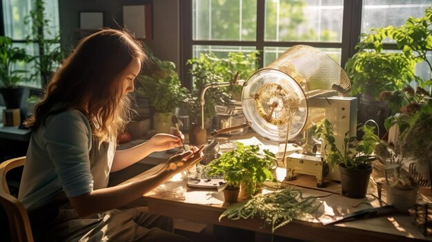 Zdjęcie kobieta przedstawia kompozycję mistrzowski kurs tworzenia ramki z herbarium w tiff generatywna sztuczna inteligencja