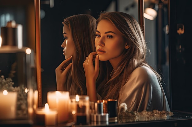 Kobieta przeglądająca się w lustrze ze świecami Generative Ai