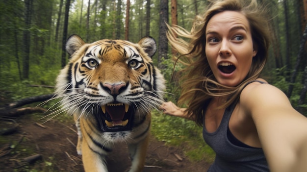 Zdjęcie kobieta przy selfie z tygrysem mężczyzna biegnie lew goni człowieka dzikie zwierzęta