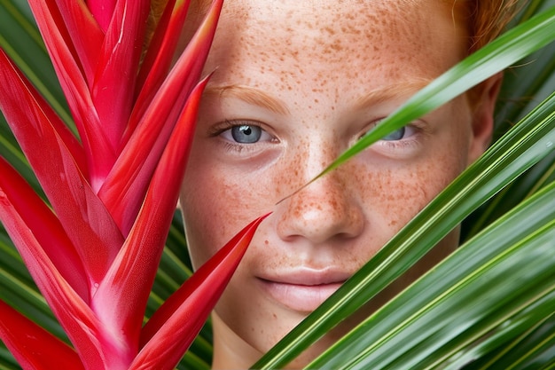 Zdjęcie kobieta przyciąga intensywne spojrzenie przez żywe zielone liście i kolorowe kwiaty