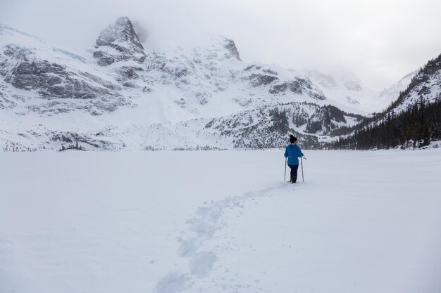 Kobieta przygód wędruje po kanadyjskim krajobrazie pokrytym śniegiem