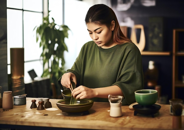 Kobieta przygotowująca herbatę matcha z całym sprzętem