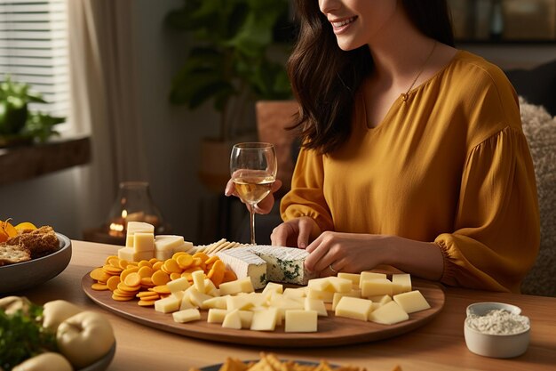 Zdjęcie kobieta przygotowująca talerz z serem, orzechami i suszonymi owocami