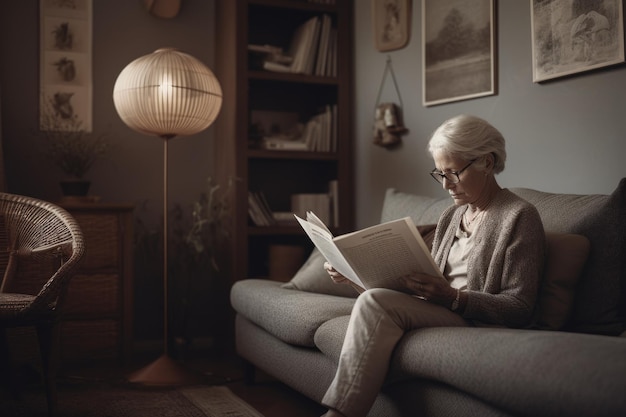 Kobieta rasy kaukaskiej w podeszłym wieku czytająca książki w salonie dorywczo relaksująca Generative AI AIG23