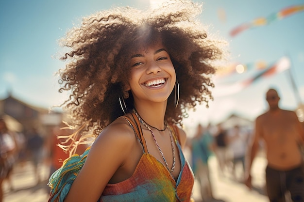 Kobieta rasy mieszanej z kręconymi włosami tańcząca na plaży i ciesząca się radością przy plaży Autor: Ai