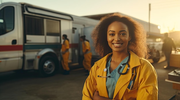 Kobieta ratownik medyczny pozuje obok białego furgonetki w pomarańczowym mundurze na piękny zachód słońca