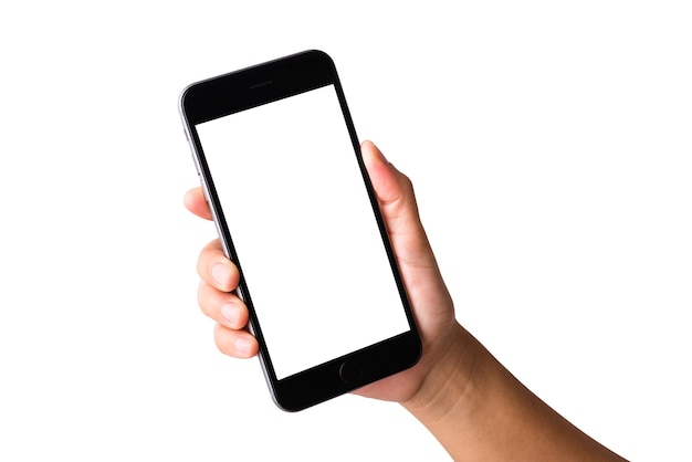 kobieta ręka trzyma pusty biały ekran smartfona