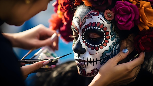 Kobieta robi makijaż kobiecie z okazji Dnia Zmarłych