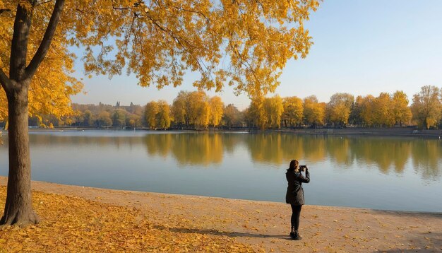 Kobieta robi zdjęcia jeziora otoczonego drzewami o pomarańczowych i żółtych liściach w parku herastrau