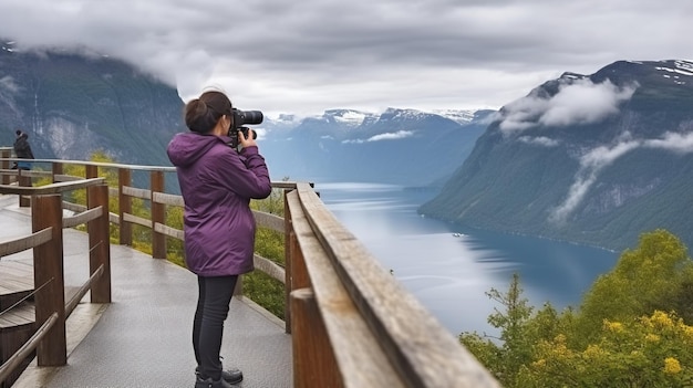 Zdjęcie kobieta robi zdjęcie fiordowi w norwegii