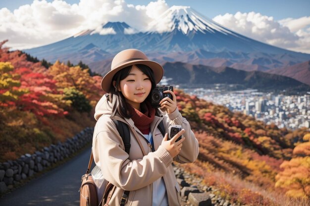 Kobieta robi zdjęcie w górach Fuji jesienią w Japonii koncepcja podróży