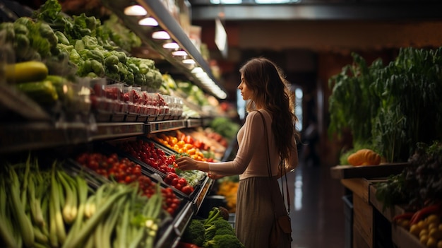 kobieta robiąca zakupy w supermarkecie z dużym wyświetlaczem warzyw