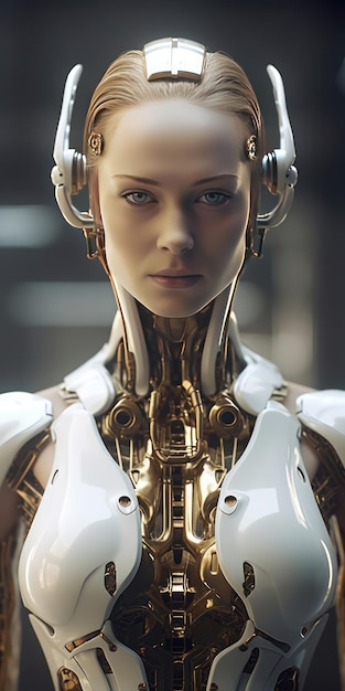 Kobieta-robot w białej koszuli i niebieskich oczach