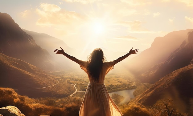 Kobieta rozciąga ręce nad górskim widokiem w stylu radosnego świętowania natury.
