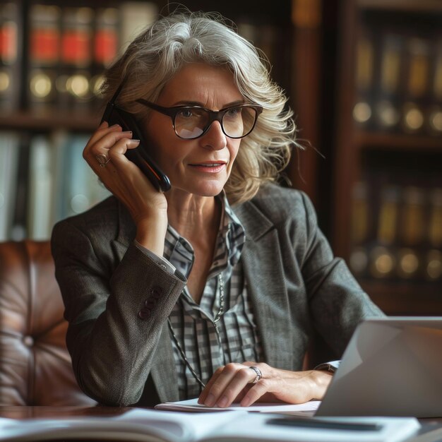 Zdjęcie kobieta rozmawiająca przez telefon komórkowy z laptopem i książką za nią