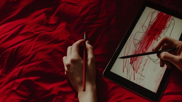 Kobieta rysująca na tablicy cyfrowej w łóżku z góry na czerwonym tle