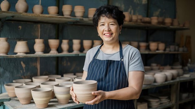 Kobieta rzemieślnik w sklepie ceramicznym