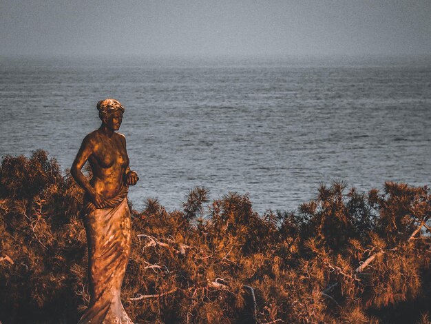 Zdjęcie kobieta rzeźba z festiwalu filmowego złotego pomarańcza stojąca nad morzem na tle nieba