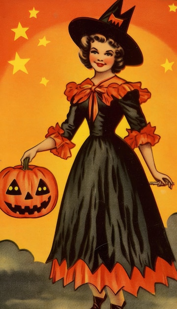 kobieta, samica, czarownica, vintage, retro, książka, pocztówka, ilustracja, lata 50., straszny kostium na halloween, uśmiech