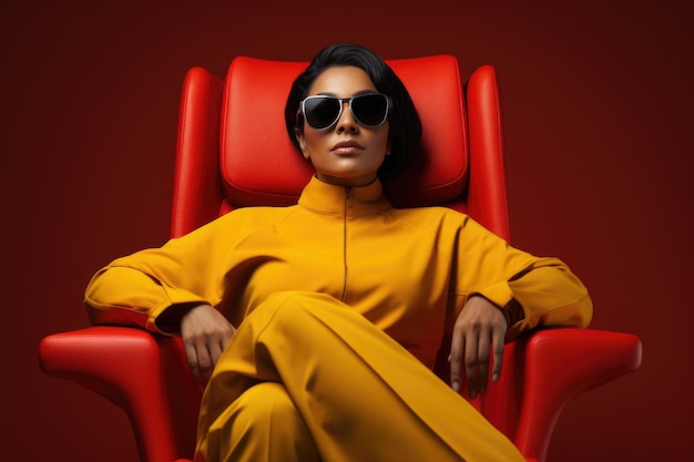 Kobieta siedząca na czerwonym krześle w okularach przeciwsłonecznych