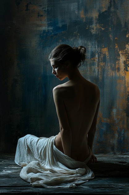 kobieta siedząca na drewnianej podłodze biały ręcznik oświetlenie nagie plecy sfotografowany za stojący bez ubrania kręgosłupa