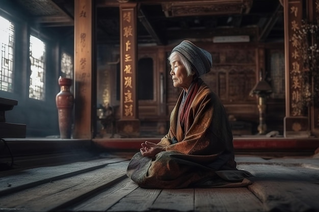 Kobieta siedząca na drewnianej podłodze w generatywnym obrazie ai pokoju