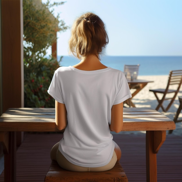 Kobieta siedząca na kawiarni na plaży w pustej białej koszulce zwróconej do tyłu