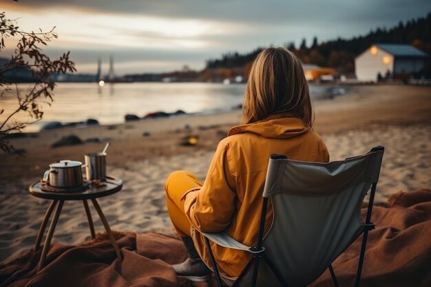 Kobieta siedząca na krześle plażowym na północnym wybrzeżu z wieczornymi światłami