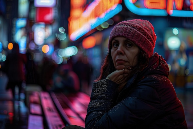 Kobieta siedząca na ławce w mieście w nocy