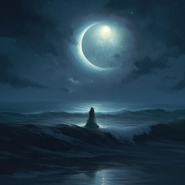 Zdjęcie kobieta siedząca na plaży oglądająca księżyc.