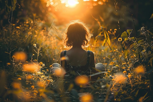 Kobieta siedząca na polu żółtych kwiatów