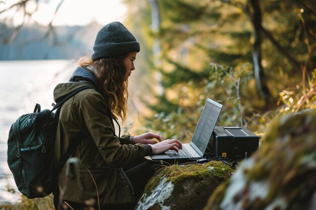 Zdjęcie kobieta siedząca na skale używająca laptopa