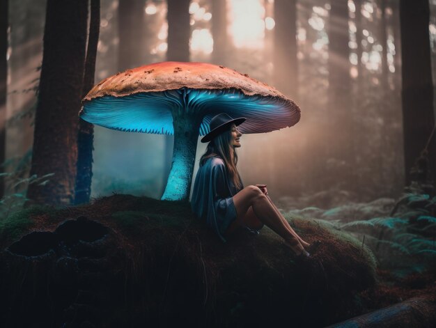 Kobieta siedząca pod grzybem w lesie Obraz generatywny AI