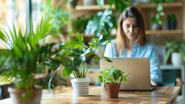 Kobieta siedząca przy drewnianym stole i pracująca na laptopie filiżanka kawy z roślinami w garnku