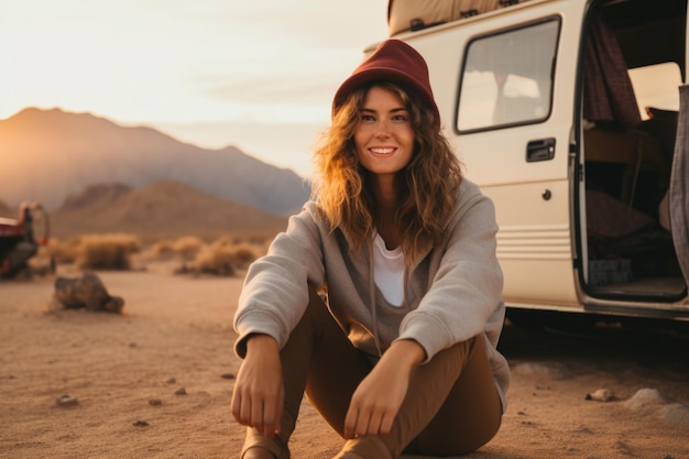 Zdjęcie kobieta siedząca przy przyczepie w pustyni przyjmuje koncepcję życia i podróży w przyczepie