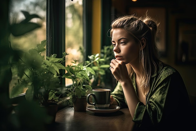Kobieta siedząca przy stole i patrząca przez okno Generatywna Ai