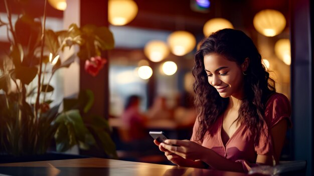 Kobieta siedząca przy stole patrząca na telefon komórkowy w ręku Generatywna sztuczna inteligencja