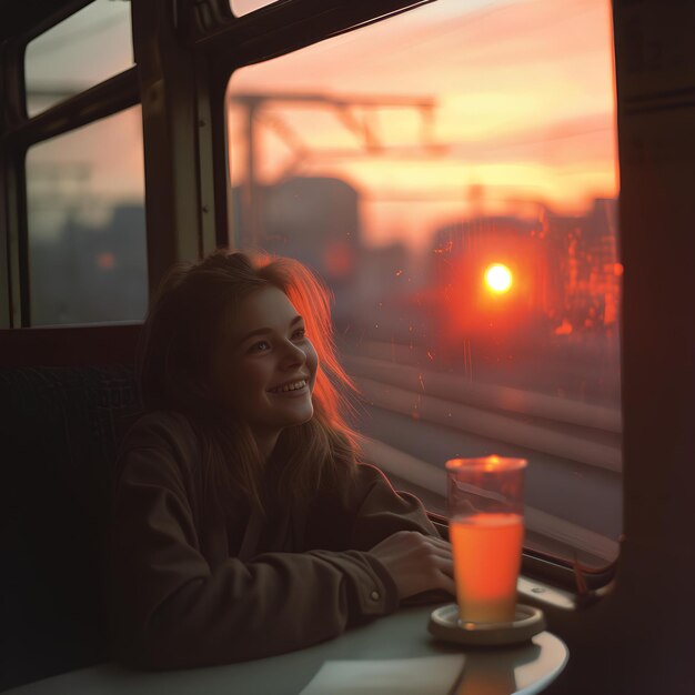 Kobieta siedząca przy stole z napojem przed sobą i pociągiem na tle przy zachodzie słońca