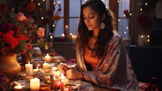 Kobieta siedząca przy stole z świecami