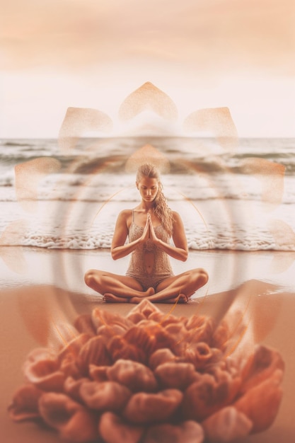 Kobieta siedząca w pozycji lotosu na plaży generatywny obraz ai