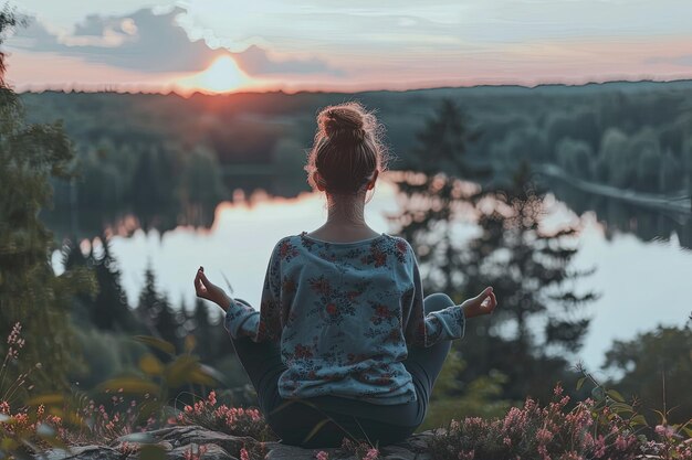 Kobieta siedząca w pozycji lotosu przed jeziorem
