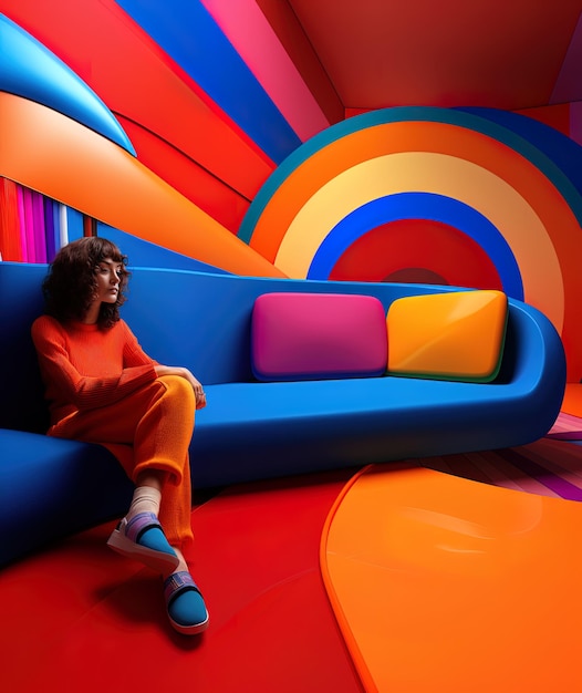 kobieta siedzi na kanapie z kolorowym wzorem na ścianie