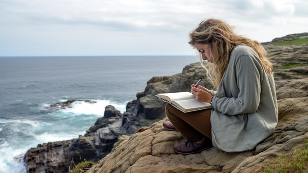 Kobieta siedzi na klifie z widokiem na ocean pisząc w dzienniku zdjęcia zdrowia psychicznego fotorealistyczna ilustracja