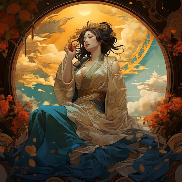 Zdjęcie kobieta siedzi na ławce z kwiatem we włosach.