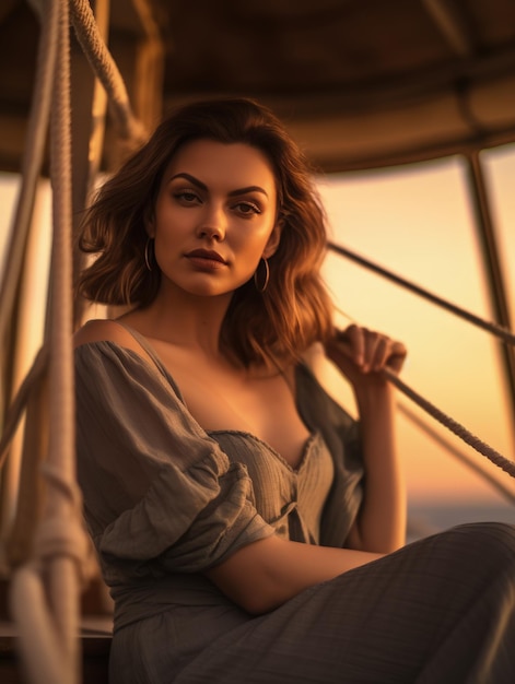 Kobieta siedzi na łodzi w zachodzie słońca